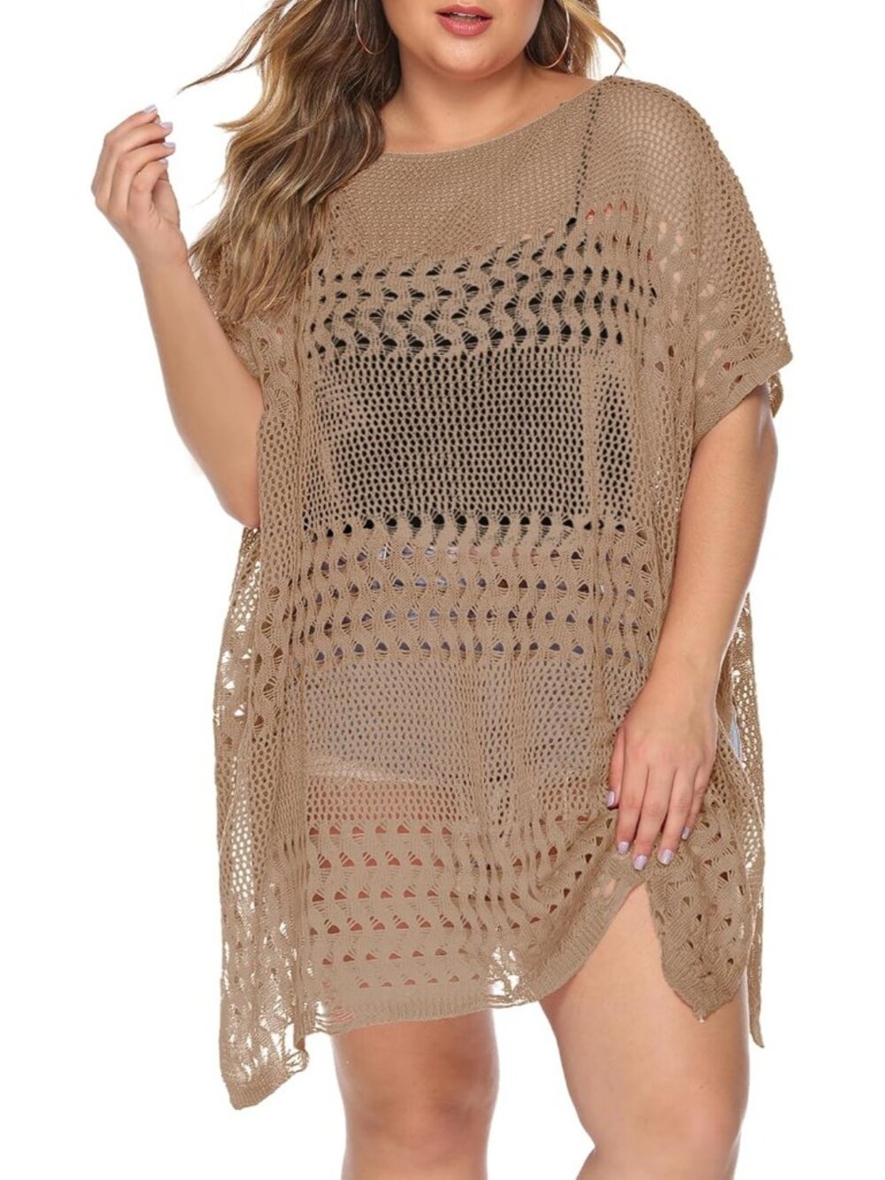 Women's Hollow Khaki One Size Polyester Crochet Summer Swimsuit Coverup Dress